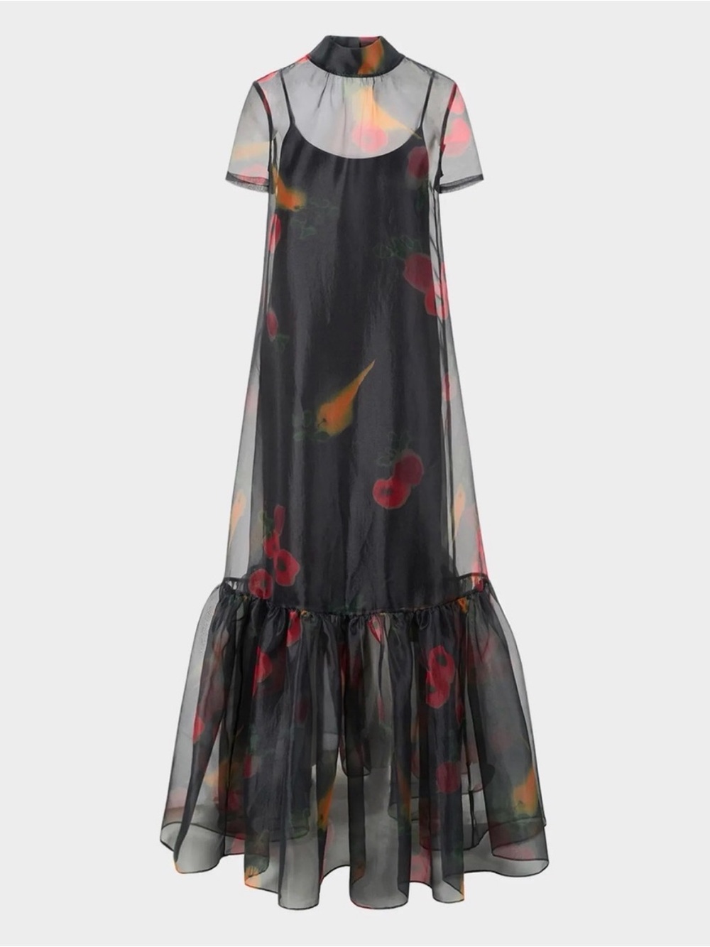 STAUD Calluna Sheer Maxi Dress with Red and Orange Fruit Print
